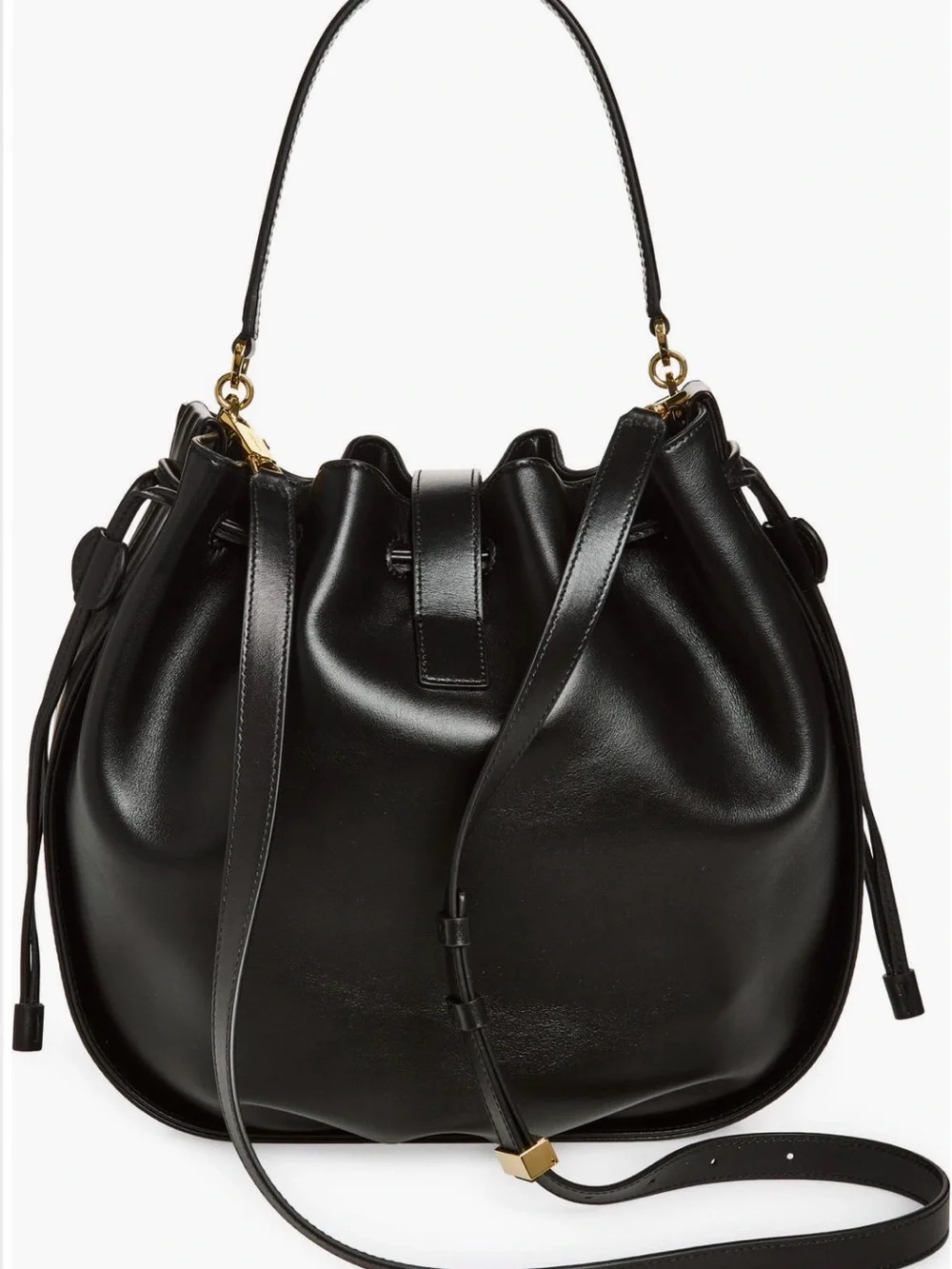 Black Leather Hug Bucket Tote Bag with Gold Hardware